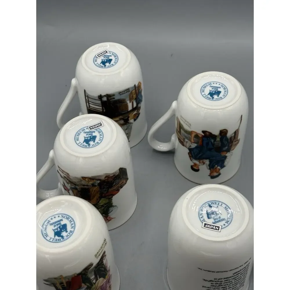 Set 5 Norman Rockwell Museum Coffee Mugs Japan Gold Rim Vintage Cups